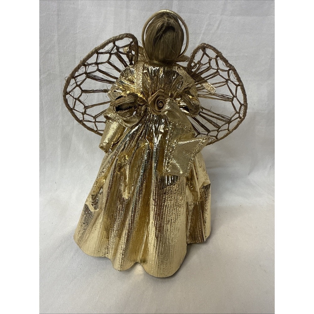 Vintage Christmas Ornament Corn Husk Angel Gold Foil Tree Topper 6" Folk Art